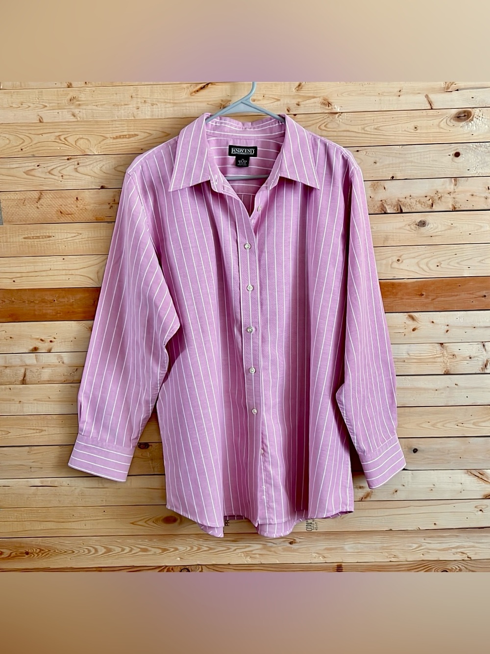 Lands’ End Women’s Dusty Pink Lavender Striped Button Up Dress shirt top size 1X